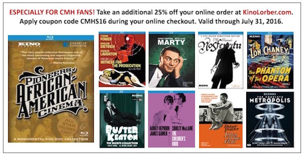 Kino Lorber coupon code for Classic Movie Hub Fans 25% off dvds until July 31 2016