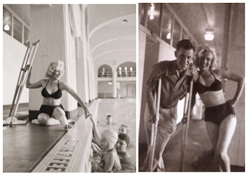 John Vachon photographed Monroe in the Banff Springs Hotel’s indoor swimming pool and borrowed her crutches