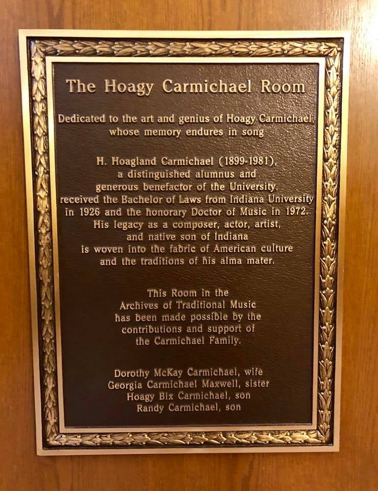 Plaque for The Hoagy Carmichael Room at Indiana University